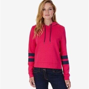 Nautica Pullover Arm Stripe Women's Soft Fleece Lined  Hoodie Red Size Large